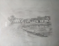 Mrs. Kovářová's birthplace in Probulov on a period drawing
