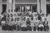 Group photograph from the Mlýnská school in Mohelnice. Luboš is fourth from the left in the first standing row. 1963