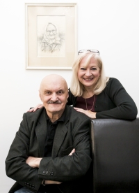 Václav Vašák with his partner, Maruška, and a picture of his grandmother from Vysočina. 2016