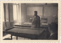 Completed billiard table is being examined by his father, František Kosina, 18 June 1942 
