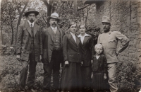 From the left - her great-uncle, Josef Kosina, her grandfather, František Kosina, her grandmother, Anna Kosinová, ???, ???, her grand-uncle, Otakar Kosina, Pardubice, near the end of the WWI 
