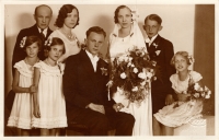 Her parent's wedding - her mother's brother, Rudolf Krejčí, her mother's sister, Marie Krejčová, her father, František Kosina, her mother Růžena Kosinová, née Krejčová, her cousin, Miroslav Hrdý, her cousin, Jiřina Hrdá, Pardubice, 1932 