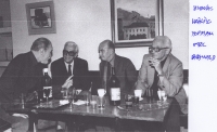 Kamil Lhoták with his friends. Adolf Branald, writer and journalist, far right.