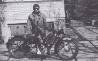 Kamil Lhoták the elder with a vintage motorbike from 1926, in 1958