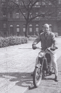 Kamil Lhoták the elder riding his motorbike. 1956