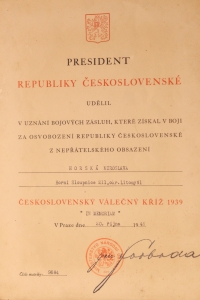 Diploma accompanying the Czechoslovak War Cross 1939–1945 which was awarded posthumously to Miroslava Horská