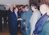 A visit of Presidents Václav Havel and Roman Herzog in Polička, Václav Jílek shakes hands with R. Herzog, September 4, 1996 