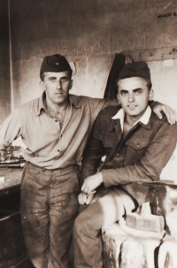 Jiří Lukšíček and his friend in a workshop when serving with the Auxiliary Technical Batallions. Olomouc, 1961