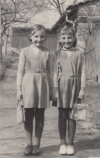 Twin sisters Anna and Božena, Bílá Voda no. 28, in the garden behind the house, circa 1967