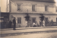 Řečany nad Labem railway station, man front left is grandfather Jan Marboe, mother standing under the locker