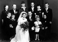 Adolf Ruš (in the back row in the middle) at his sister's wedding. Next to the bride on the left is his mother / the 1950s 

