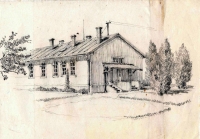 Jedna z kreseb budov internačního tábora ve Svatobořicích. Autor J. J. Filipi, pamětníkův dědeček.
