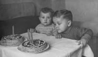Celebration of Dalibor Matějů's third birthday, his brother Ivo is sitting on the left, Kounice near Brno, 1951