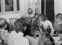 The birthday celebration of one of the employees of the training and education center of NPP Dukovany in Brno, Dalibor Matějů plays guitar, 1987
