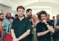 Ludvík Hlaváček (on the right) at the opening of one of the first exhibitions of Jelení Gallery, 1999