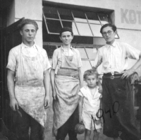 From left in aprons: Josef Hlaváček (cousin of grandfather Miroslav), Miroslav Panuška (grandfather), Miloslav Votýpka (current neighbour) and Karel Panuška (grandfather's brother) in front of the butcher shop in 1940
