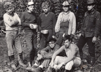 Ladislav Hlavatý (first standing from the left) picking hops, 1965