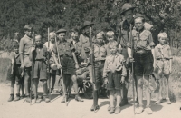 Scout band of wolf cubs in Horní Počernice, circa 1946. The smallish boy at the front is witness' brother Jan