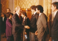 Ivan Gabal, second from right, 1990, meeting of the Civic Forum delegation with US Secretary of State James Baker at the US Embassy on the elections, the situation and prospects of the Civic Forum. Jan Urban, Martin Palouš, Ivan Havel, Ambassador Shirley Temple, Ladislav Lis, Michael Kocáb, Rita Klímová
