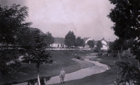 Unregulated stream in Tušť, the man is probably the mayor of Hofhansl (circa 1940)