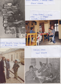 Vlado as a little boy in kindergarten, fourth from the right.
Photograph of actors from the Stoka Theater, from left - Erika Lásková, Blaho Uhlár, Vlado Zboroň.
Vlado Zboroň, photographed just after his expulsion from the Faculty of Theology, 1987. (in the middle)
Vlado with friends, during compulsory military service in Sabinov, first from the right.
