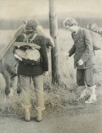 On the road; on the right, Jiří Kašpar wearing his grandfather's Legion jacket 