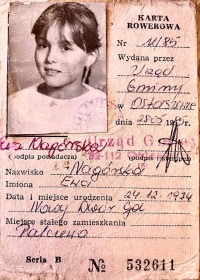 "Rowerowa card" - a driver's license for a bicycle, when Ewa was eleven years old. (1986)
