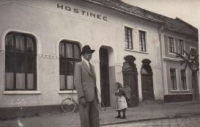 The Šebesta family’s pub, husband Jan and his mother, Němčice nad Hanou, 1946 