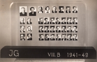 Photographs of school-leavers of the Jirsík grammar school in České Budějovice, Václav Kulhánek is the first on the left in the second row