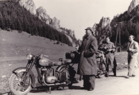In the foreground father Jindřich Černý, on the left his wife Marie, on the right Jindřiška Dlasková - on a motorbike trip to the High Tatras during a stop at Malá Fatra, late 1940s