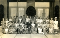 Photograph of a class in the so-called Benešovka, the witness in the back row, third from the left in a "šohajka", Mladá Boleslav, 1938