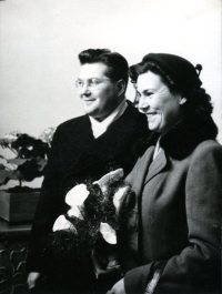 Married couple Křehlíks, wedding photo, Prague, 1955