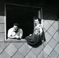 Married couple Křehlíks in a window, Vestec, 1965
