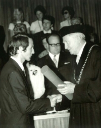 Jan Pirk's graduation ceremony in Karolinum, 1972