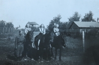 Memorial's grandmother (in the middle on horseback) with Ukrainian soldiers after the end of II. world war. Near the memorial's birth house in Prague.
