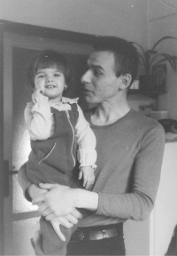 Jan Hrabina with his daughter after returning from prison, Prague, spring 1983