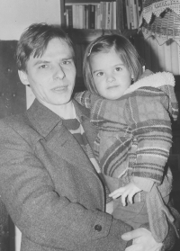 Jan Hrabina with his daughter Julie after returning from prison with priest and dissident Miloš Rejchrt, spring 1983