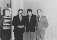 From the left: Jan Hrabina, Jiří Dienstbier, Dominik Duka and Václav Havel, Václav Havel's apartment, 1983