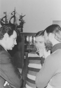 From left: Dominik Duka, Jan Hrabina and Jan Kozlík, Václav Havel's apartment, April 1989