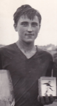 Antonín Panenka as a teenager with a trophy for the best scorer of a football tournament, 1964 