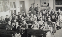 Josef Kubiš at the back left with his class in Zubří, 1955 
