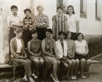 Anna, the teacher (centre) with 9th grade pupils from the school in Záblatí in Southern Bohemia. 1968-1969