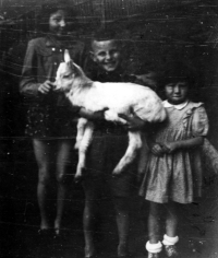 Antonín Brázdil (uprostřed s kůzletem) u domku na Prženských pasekách, Pržno na Vsetínsku, kolem roku 1948