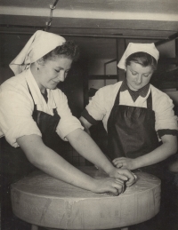 His wife Marie (left) making cheese in a dairy, 1963