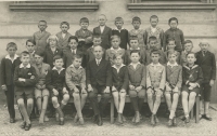 U Kostelíčka Elementary School in 1926, Mr Chleborád the teacher, Jan Iserle on his right