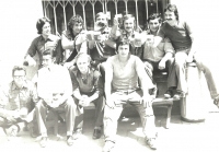 Working team of the State Farm in Hynčice in front of the pub, 1970s 
