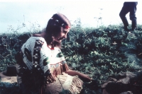 Eva Kosáková during the Nscho-tschi period wearing a poncho that she emroidered herself, 1967 
