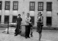 On a trip in Kutná Hora. From the left: Ivan Medek´s son Jan, Mikuláš Medek and Eva Kosáková cca 1965