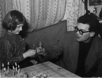 Eva Kosáková is celebrating 6th birthday with her father Mikulář Medek in Prague in 1958
