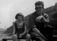 Eva Kosáková with her fahter Mikuláš Medek on a boat in Prague in 1958